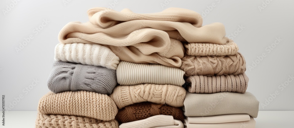 Poster pile of beige woolen clothes on a white background warm knitted sweaters and scarfs are folded in on