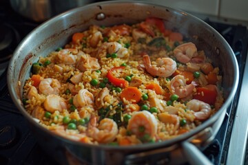 Traditional Spanish paella with seafood, chicken, rice and vegetables served in a pan