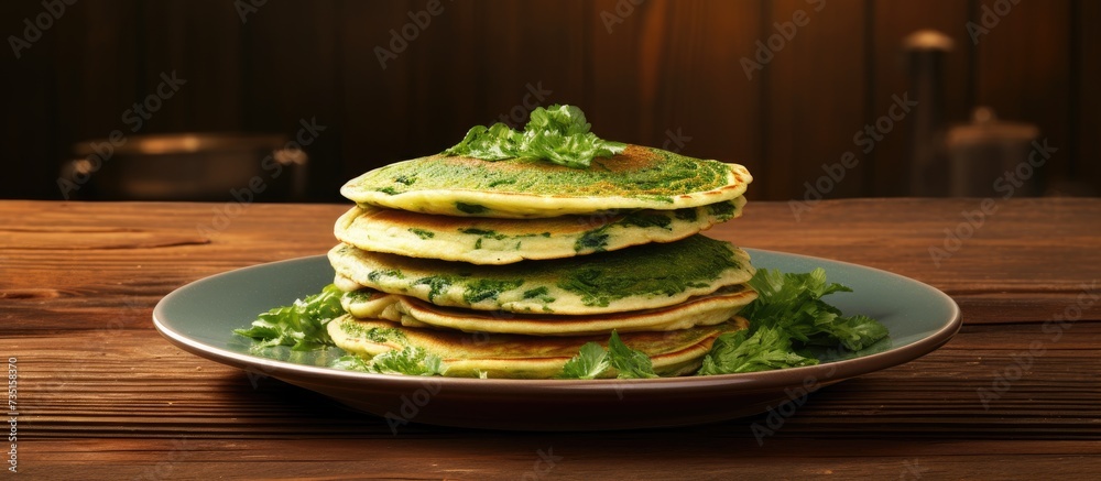 Poster pancakes filled with spinach and cheese on the wooden surface. creative banner. copyspace image