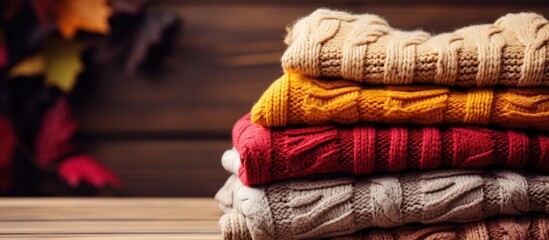 Pile of knitted woolen sweaters autumn colors on wooden table Clothes with different knitting patterns folded in stack Warm cozy winter fall knitwear concept Copy space. Creative Banner - obrazy, fototapety, plakaty