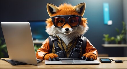 Funny fox mascot with googles working in front of digital device - obrazy, fototapety, plakaty