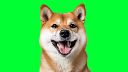 Naklejka na ściany i meble Portrait photo of smiling Shiba Inu on green background