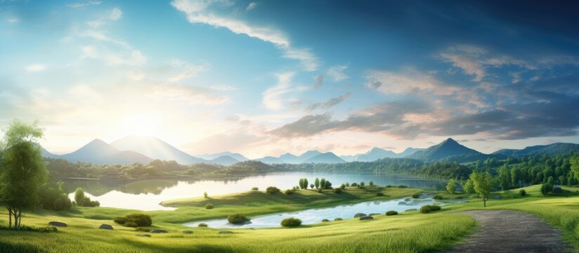 Misty Morning Landscape with Calm Atmosphere and Tranquil Greenery. Creative Banner. Copyspace image