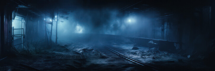 Fototapeta premium Enigmatic Moonlit Journey: A Tranquil Misty Railroad Through the Foggy Mountain Landscape
