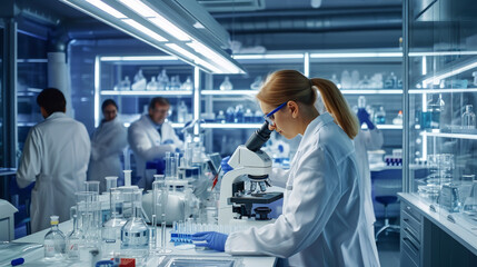 State-of-the-art laboratory where multiple scientists in white lab coats engage in advanced experiments, utilizing high-tech microscopes and computers in a vibrant research setting.