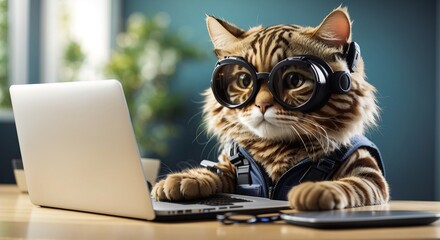Funny cat mascot with googles working in front of digital device