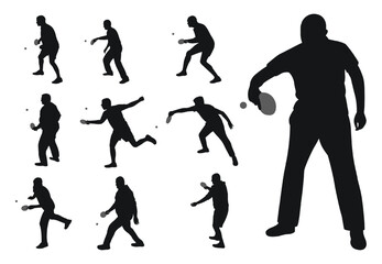 Set of black silhouettes of tennis players with racket and ball, isolated vector