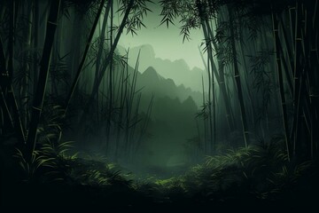 Illustration of a dense bamboo forest with a dimly lit atmosphere. Generative AI