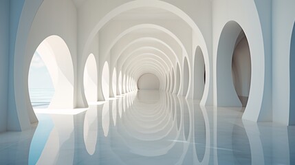 a white room with arches and a reflection of water