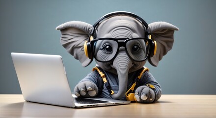 Funny elephant mascot with googles working in front of digital device