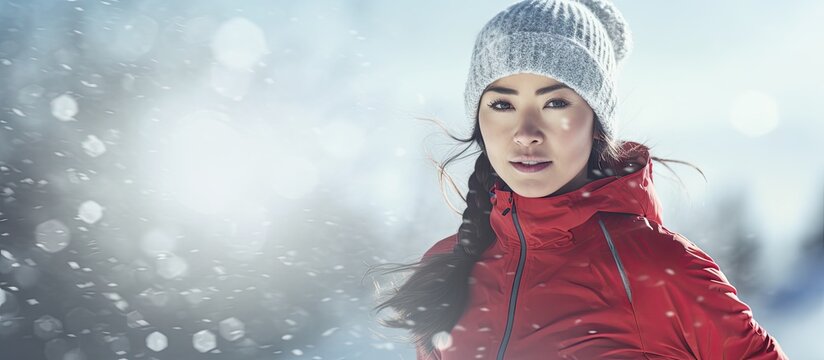 Winter fitness athlete woman warming up stretching arms before her outdoor run running on snow trail Asian runner wearing cold weather gloves headband jacket. Creative Banner. Copyspace image