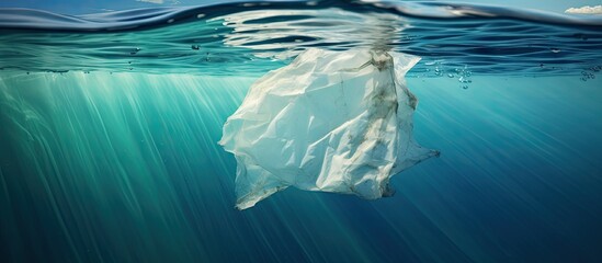 Fototapeta premium Plastic bag looking like an iceberg melting on the surface of the ocean it is floating and dispersing waste in the water sea pollution and global warming concept. Creative Banner. Copyspace image