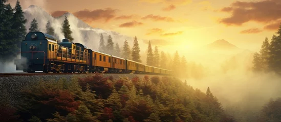 Photo sur Aluminium Matin avec brouillard Moving freight train in beautiful forest in fog at sunrise in autumn Colorful landscape with train in motion railroad gold sunbeams foggy trees orange sky in fall Railway station Transportation
