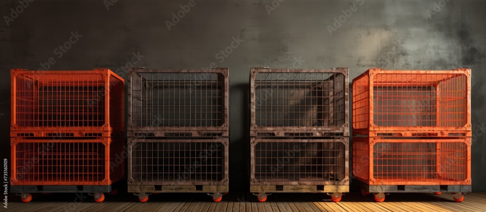 Wall mural wire mesh rolling carts or wire mesh pallets for merchandize cargo and shipping import and export lo