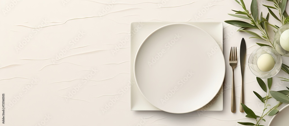 Poster wedding table place with invitation card and porcelain plates decorated with olive branches top view