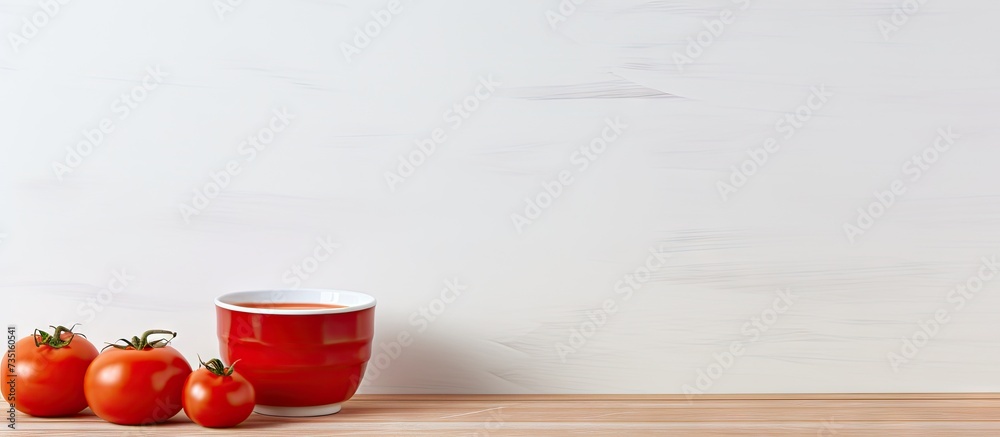 Aufkleber tomato sauce in white bowl and on a table. creative banner. copyspace image