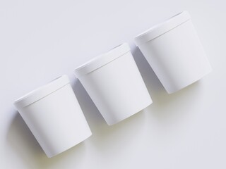 Ice cream buckets. Realistic blank white mockup of ice cream paper food container. 3D render illustration empty for mockup collection