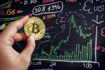 Bitcoin golden coin in hand in front of chalkboard with drawn green graph and indicators.