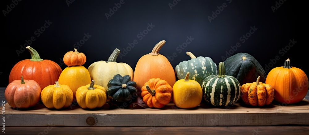 Aufkleber Sugar pumpkins are members of C pepo and can come in a variety of colors but generally are smooth ish round thin skinned and medium sized. Creative Banner. Copyspace image