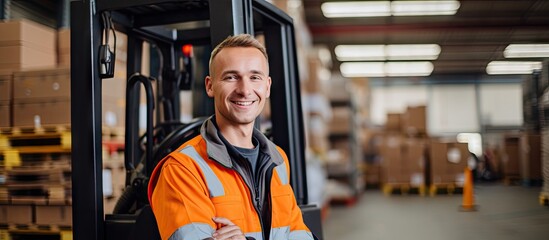 young smiling warehouse worker driver in uniform in front of forklift stacker loader. Creative Banner. Copyspace image