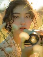 Close-up portrait of an asian young adult in a serene pose, holding a vintage film camera