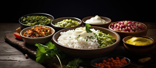 Turkish traditional meal beans rice mixed pickles and tzatziki. Creative Banner. Copyspace image