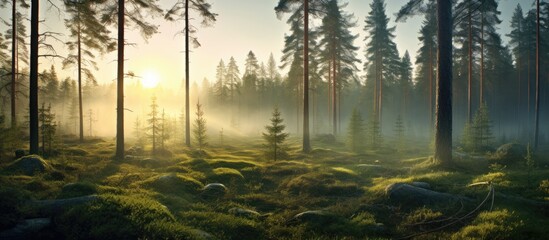 Majestic evergreen pine forest in a fog at sunrise Mighty trees plants moss Sunbeams sunshine Atmospheric autumn landscape Finland Nature deforestation and reforestation ecology themes - Powered by Adobe
