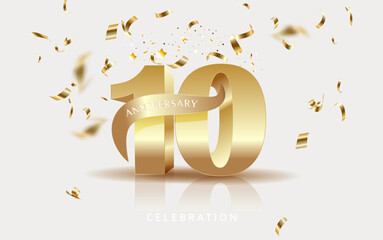 10 Anniversary gold numbers with golden confetti. Celebration 10th anniversary event party template.