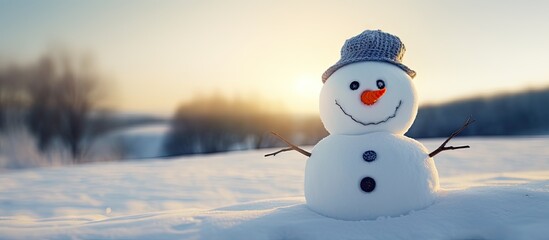 Obraz premium Snowman with carrot nose and coal eyes on snowy field. Creative Banner. Copyspace image