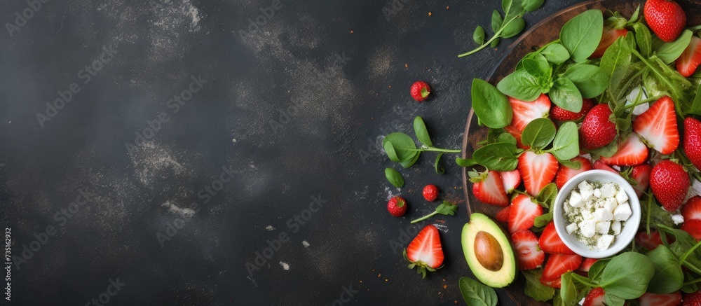 Poster strawberry spinach cucumber feta cheese salad top view copy space flat lay. creative banner. copyspa