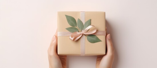 Overhead above first person view photo of girl s hand holding packed present box with leaf isolated pastel beige color backdrop. Creative Banner. Copyspace image