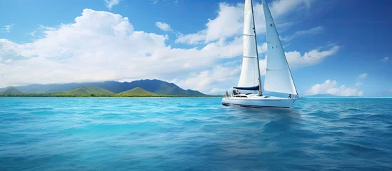 Photo sur Plexiglas Bora Bora, Polynésie française Sailing catamaran sail boat in clear caribbean sea water. Creative Banner. Copyspace image