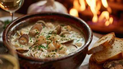 Cozy up with a bowl of rich and creamy clam chowder featuring tender clams ery potatoes and a savory broth. The crackling fire adds to the rustic charm of this clic dish making - obrazy, fototapety, plakaty
