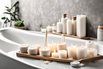 White wooden tray with burning candles, aroma diffuser and sea salt on bathtub in bathroom, space for text