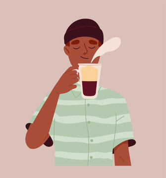 Person drink coffee concept. Man with hot drink in mug. Aroma and beverage. Cappuccino and Americano. Social media sticker. Cartoon flat vector illustration isolated on brown background