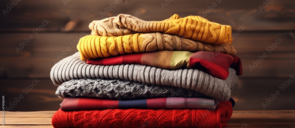 Poster pile of knitted woolen sweaters autumn colors on wooden table clothes with different knitting patter