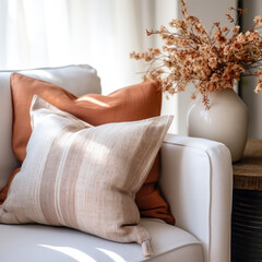 Close up of fabric sofa with white and terra cotta pillows. French country home interior design of modern living room