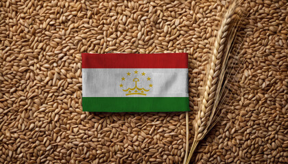 Grains wheat with Tajikistan flag, trade export and economy concept. Top view.