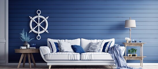 Modern grey living room with nautical decorations and decorative wall finish. Creative Banner. Copyspace image - obrazy, fototapety, plakaty