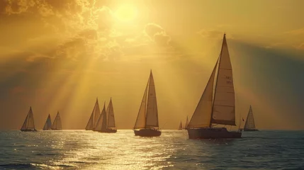 Foto op Canvas A group of sailboats being guided by the warm embrace of the suns rays adding a touch of magic to the seascape. © Justlight