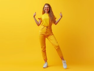 Fototapeta na wymiar Cheerful Happy Woman Smiling and Giving Thumbs Up Isolated Background