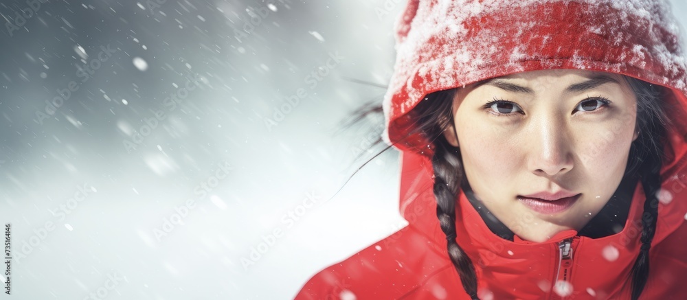 Poster winter fitness athlete woman warming up stretching arms before her outdoor run running on snow trail