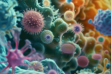 Fototapeta na wymiar colorful microscopic cosmos background with bacteria 