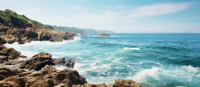 Rocky shoreline and turquoise ocean waves. Creative Banner. Copyspace image