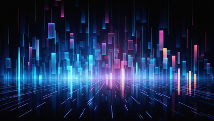 Digital data with glowing neon lights and bars. Futuristic visualization of cyber information, harnessing powerful energy for analytical charting and creative finance solutions