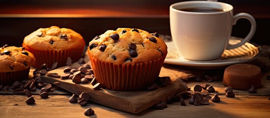 Selwctive focus chocolate muffin with choco chip served with a cup of tea. Creative Banner. Copyspace image