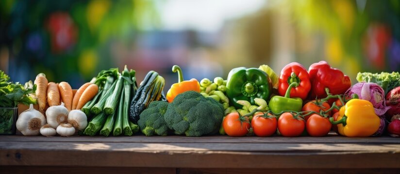 Natural colorful fresh fruits and veggies on display at farmers market healthy nutrition Cardboard boxes full of various local seasonal produce and vegetables on greenmarket counter. Creative Banner