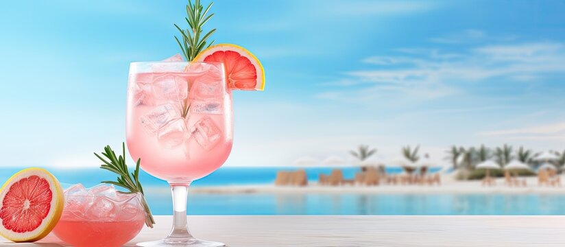 Pink grapefruit and rosemary gin cocktail served in prepared gin cocktail glass on a tropical beach bar. Creative Banner. Copyspace image