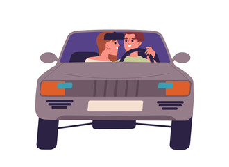 People in car concept. Man and woman drive in transport. Travel and trip. Holiday and vacation. Young couple in vehicle. Cartoon flat vector illustration isolated on white background