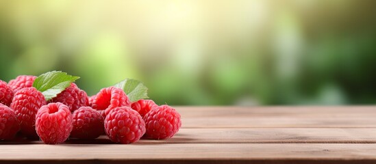 Plate of fresh ripe raspberries on wooden table in a garden Harvested red raspberries in dishes...